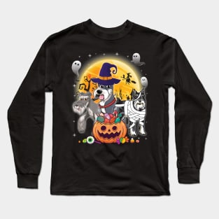 Schnauzer Dog Mummy Witch Moon Ghosts Happy Halloween Thanksgiving Merry Christmas Day Long Sleeve T-Shirt